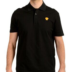 Versace Men's Black Gold Logo Embroidery Black Polo Shirt US XS IT 46
